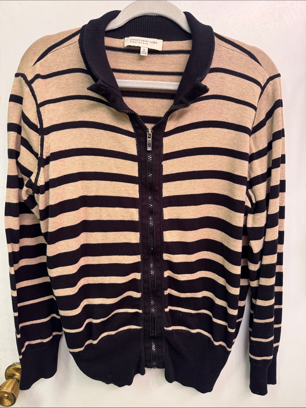 Jones New York Black and Tan Striped Zip-Up Sweater